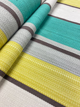 Load image into Gallery viewer, P Kaufmann Adventure Citron Yellow Cream Brown Teal Stripe Water &amp; Stain Resistant Upholstery Fabric WHS 3497
