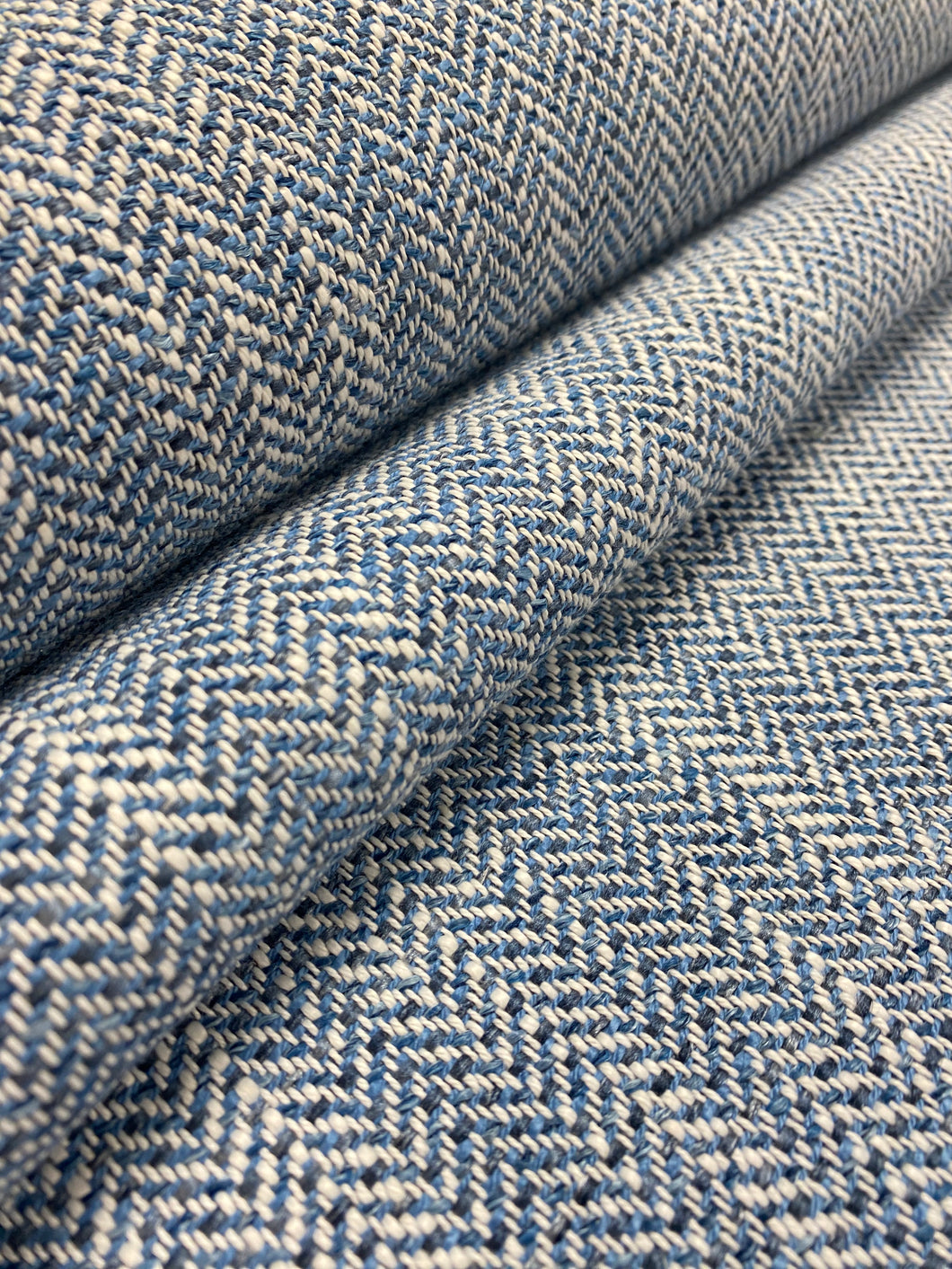 Blue White Herringbone Geometric Upholstery Fabric Fabric Bistro