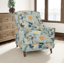 Load image into Gallery viewer, Stain Resistant Teal Blue Green Grey Chinoiserie Crane Bird Upholstery Drapery Fabric CF