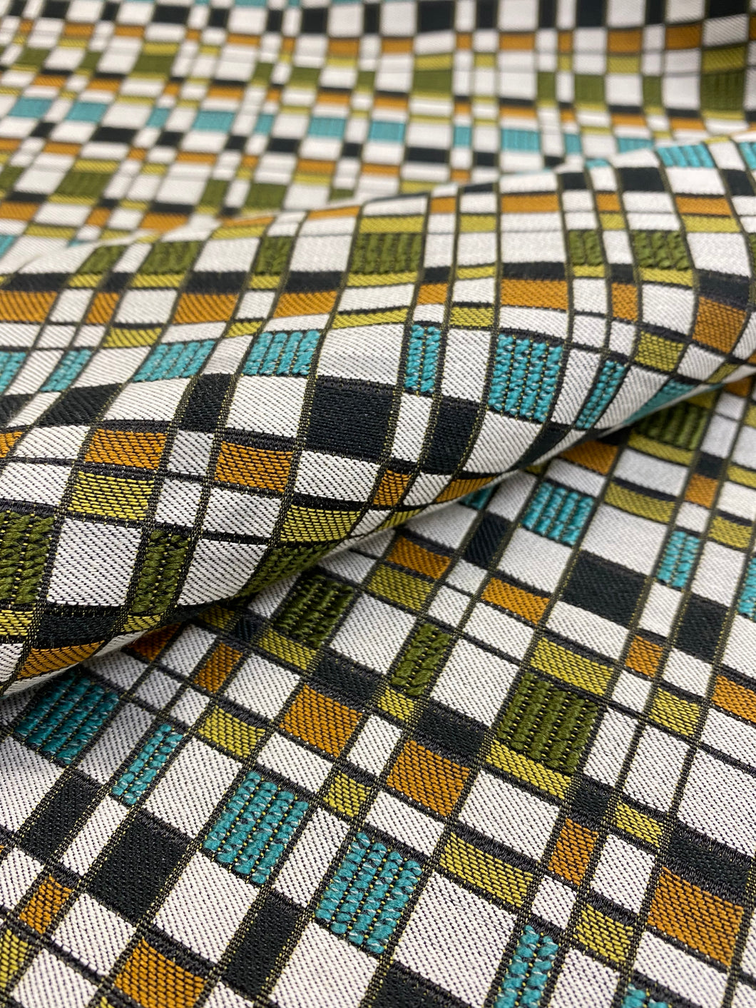 1.6 Yard Designer Turquoise Olive Green Black Mustard Off White Geometric Upholstery Fabric WHS 3215