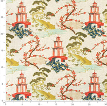 Load image into Gallery viewer, Stain Resistant Aqua Blue Cream Red Green Chinoiserie Asian Upholstery Drapery Fabric CF