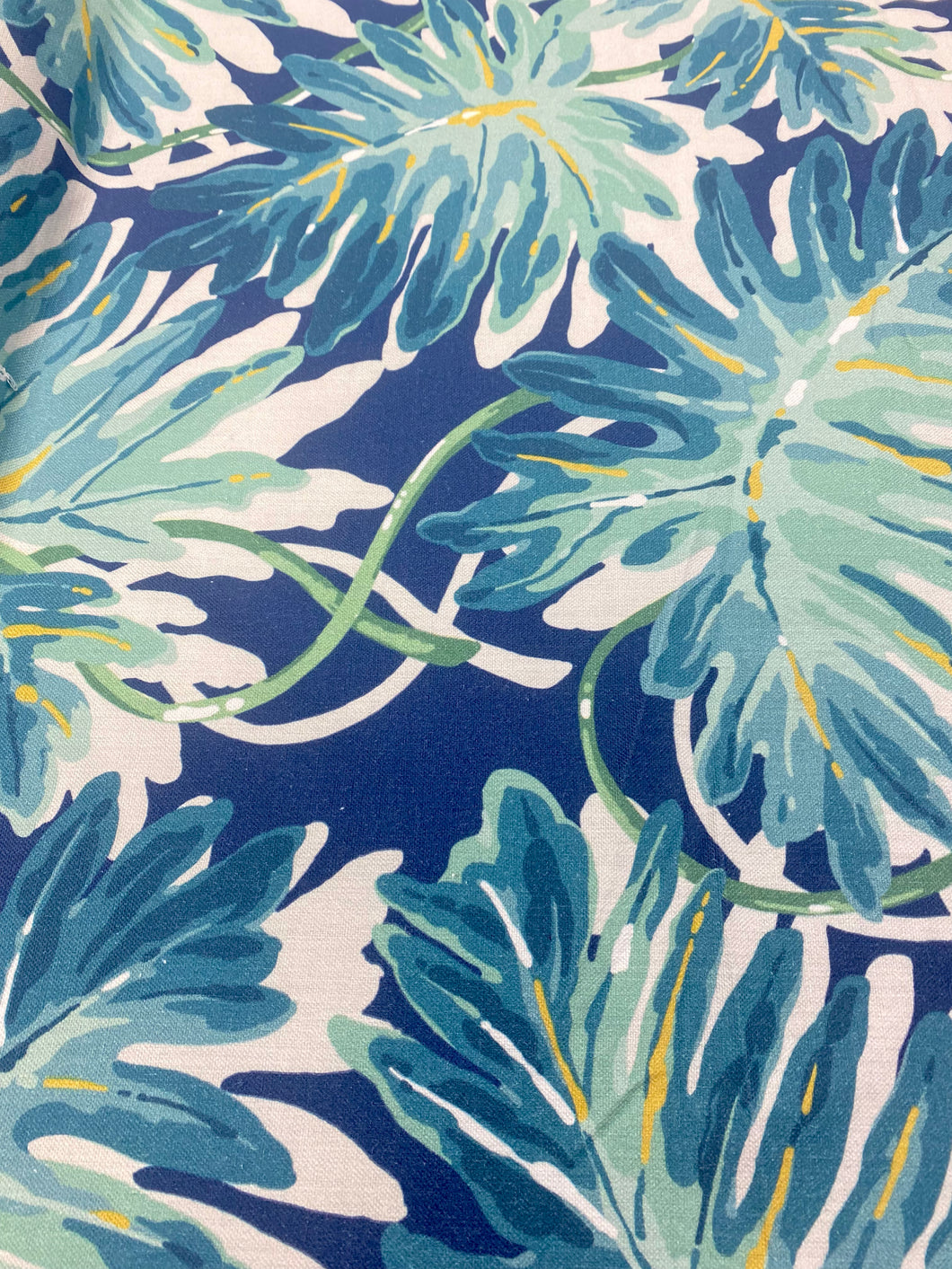 Linda Lane Water & Stain Resistant Botanical Palm Leaves Cotton Teal Navy Blue Yellow Upholstery Drapery Fabric STA 3082