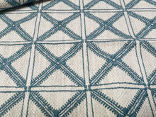 Load image into Gallery viewer, Cream Aqua Blue Embroidered Geometric Drapery Fabric