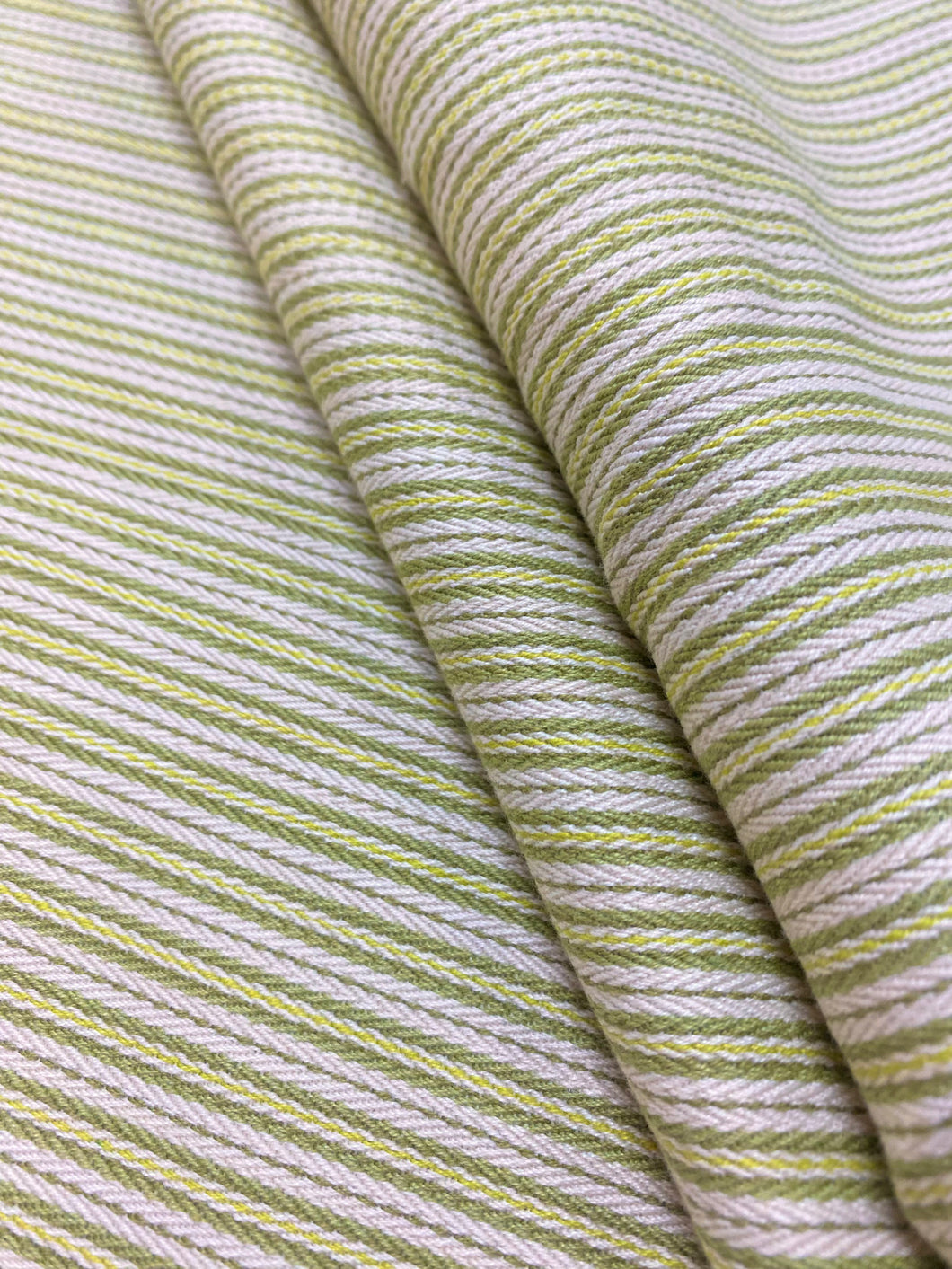Designer Cotton Ticking Stripe Lime Green Ivory Water & Stain Resistant Upholstery Drapery Fabric WHS 3947
