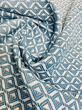 Load image into Gallery viewer, 1.6 Yard Designer Teal Off White Geometric Diamond Water &amp; Stain Resistant Upholstery Drapery Fabric WHS 3305