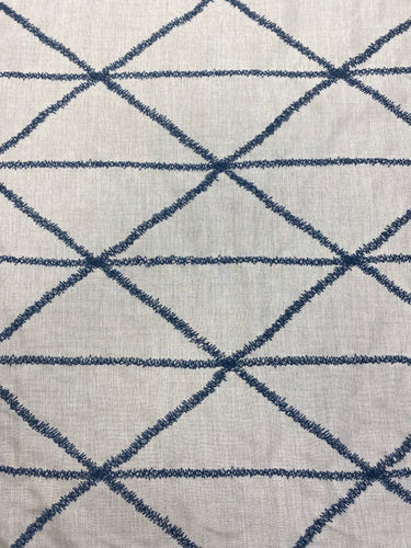 1.25 Yard Designer Oatmeal Linen Cotton Beige Navy Blue Embroidered Geometric Water & Stain Resistant Drapery Fabric WHS 3547