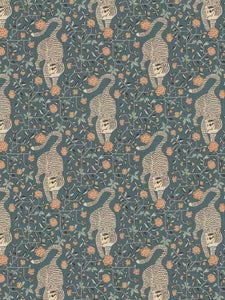 Denim Blue Coral Orange Aqua Floral Tiger Animal Pattern Upholstery Drapery Fabric FB