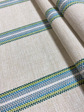 Load image into Gallery viewer, Irregular Remnant Piece of Schumacher Garden Stripe Indoor Outdoor Woven Beige Green Blue Nautical Stripe Upholstery Fabric WHS 4237