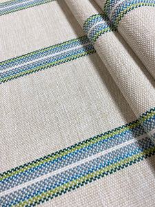 Irregular Remnant Piece of Schumacher Garden Stripe Indoor Outdoor Woven Beige Green Blue Nautical Stripe Upholstery Fabric WHS 4237
