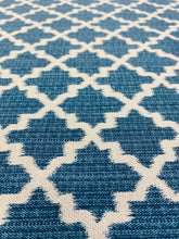 Load image into Gallery viewer, 1.3 Yard of French Blue Off White Trellis Geometric Indoor Outdoor Water &amp; Stain Resistant Upholstery Drapery Fabric WHS 3123
