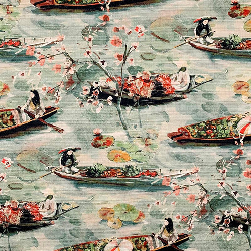 Green Orange Red Asian Chinoiserie Linen Blend Upholstery Drapery Fabric MGF