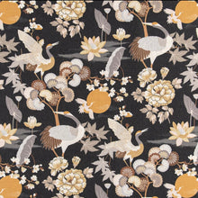 Load image into Gallery viewer, Stain Resistant Charcoal Black Grey Brown Mustard Chinoiserie Crane Bird Upholstery Drapery Fabric CF