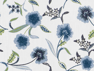 Cotton White Navy Blue Green Grey Floral Abstract Drapery Fabric