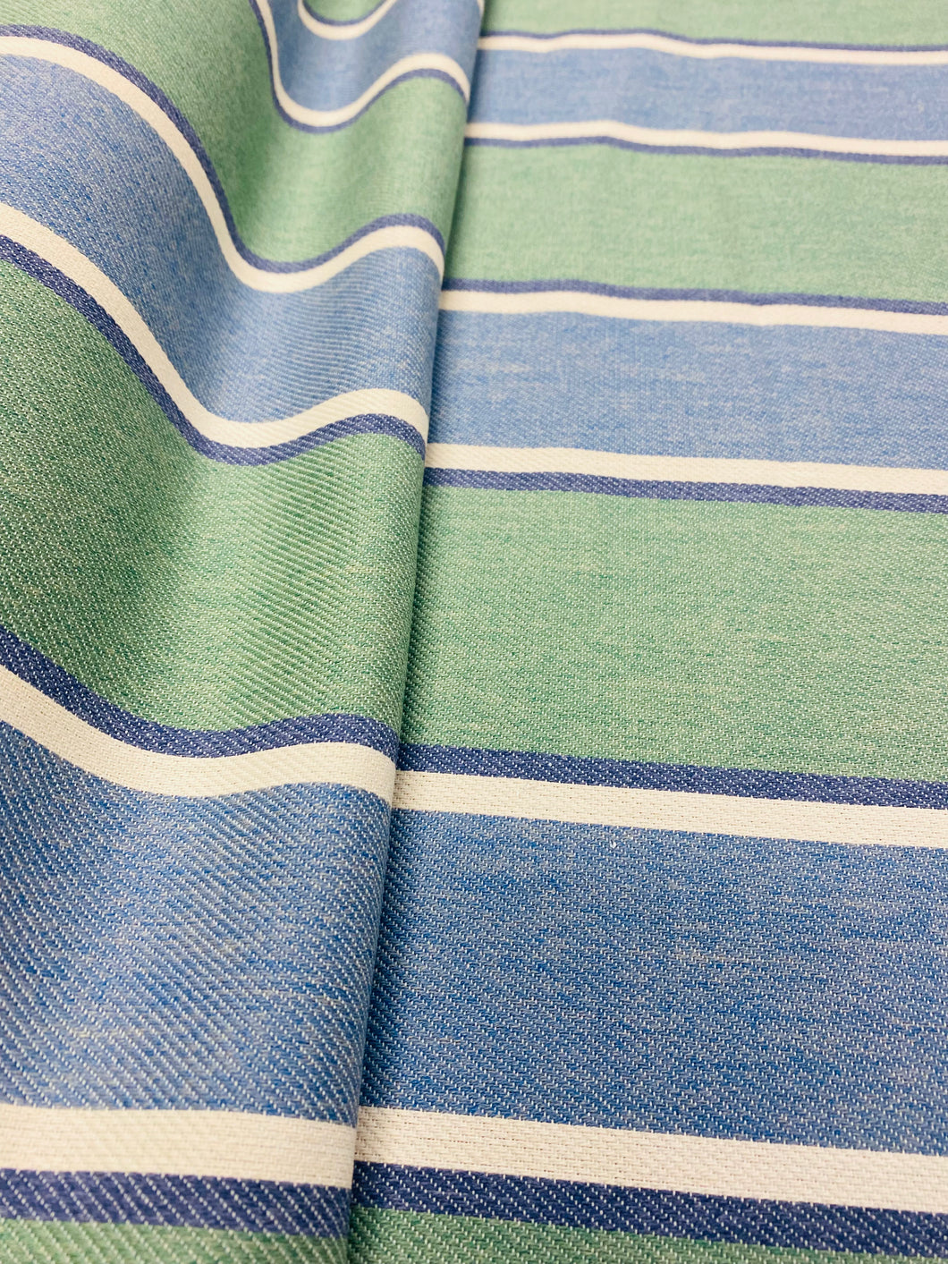 Designer Water & Stain Resistant Seafoam Blue Green Cream Nautical Stripe Upholstery Drapery Fabric STA 3378