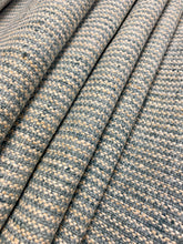 Load image into Gallery viewer, Designer MCM Mid Century Modern Teal Aqua Beige Tweed Stripe Upholstery Fabric STA 3772