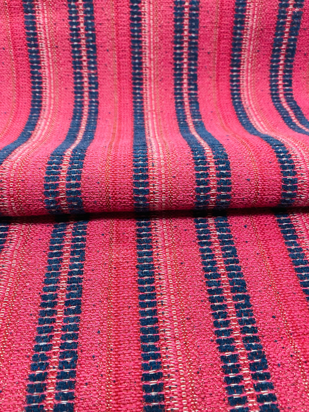 Designer Raspberry Red Navy Blue Woven Kilim Stripe Water & Stain Resistant Upholstery Fabric WHS 3240