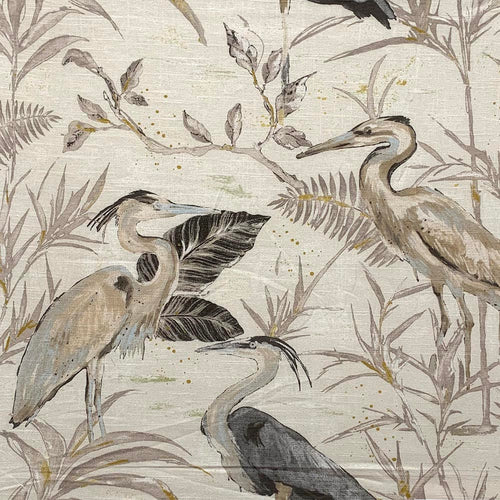 Linen Viscose Beige Grey Taupe Mustard Asian Botanical Bird Print Upholstery Drapery Fabric MGF