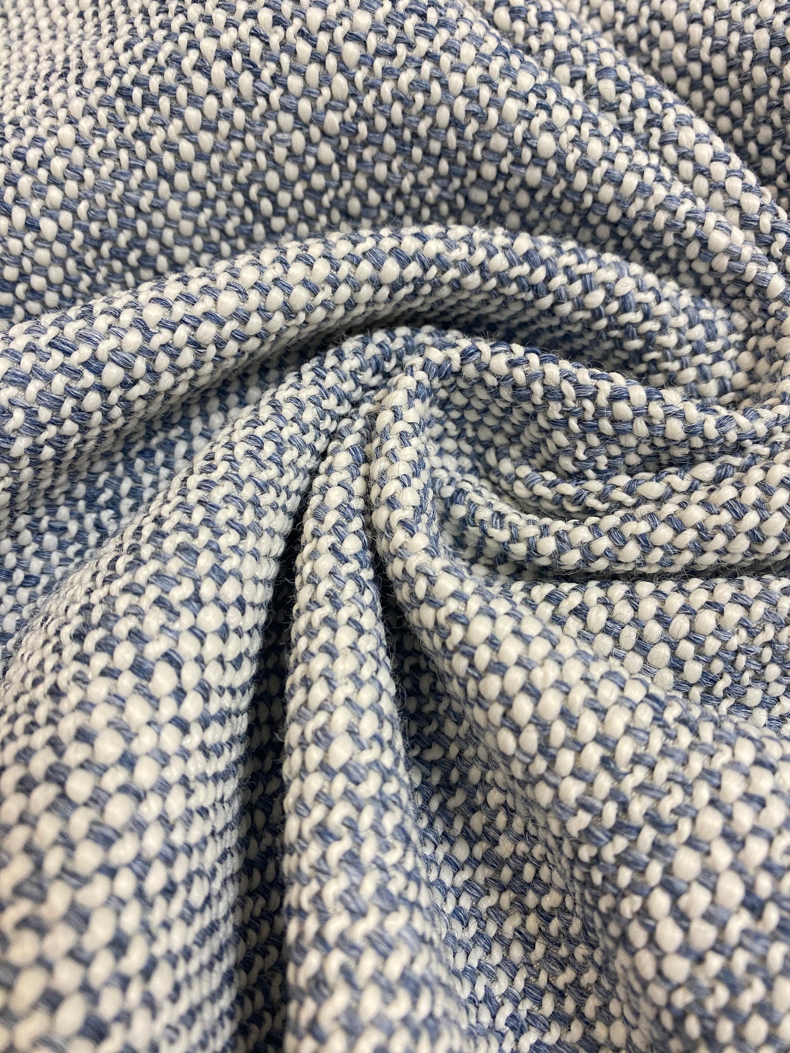 Selling Textured Woven Heavy Duty Small Scale Navy Blue Beige Ivory MCM Mid Century Modern Tweed Upholstery Drapery Fabric CB700-378