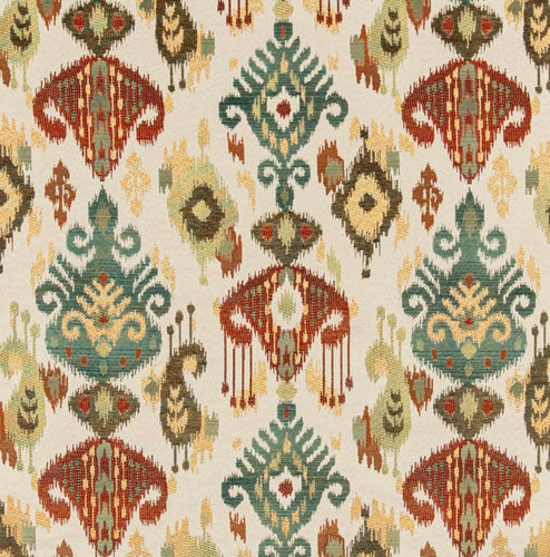 Green Beige Orange Mustard Teal Ikat Ethnic Upholstery Drapery Fabric CF