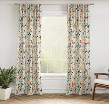 Load image into Gallery viewer, Stain Resistant Cream Navy Blue Mustard Orange Floral Bird Upholstery Drapery Fabric CF