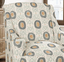 Load image into Gallery viewer, Stain Resistant Seafoam Grey Mustard Cream Ikat Upholstery Drapery Fabric CF