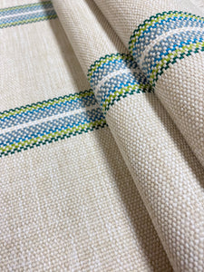 Irregular Remnant Piece of Schumacher Garden Stripe Indoor Outdoor Woven Beige Green Blue Nautical Stripe Upholstery Fabric WHS 4237