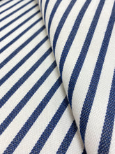 Load image into Gallery viewer, Designer Water &amp; Stain Resistant Indoor Outdoor White Navy Blue Stripe Nautical Upholstery Drapery Fabric WHS 3195
