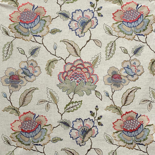 Beige Green Red Blue Floral Jacobean Embroidered Drapery Fabric MGF