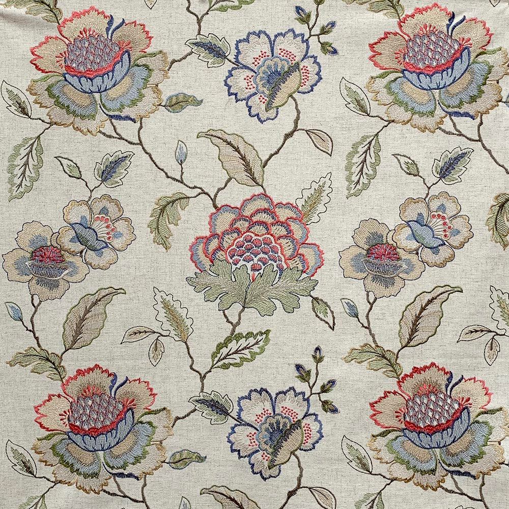 Beige Green Red Blue Floral Jacobean Embroidered Drapery Fabric MGF