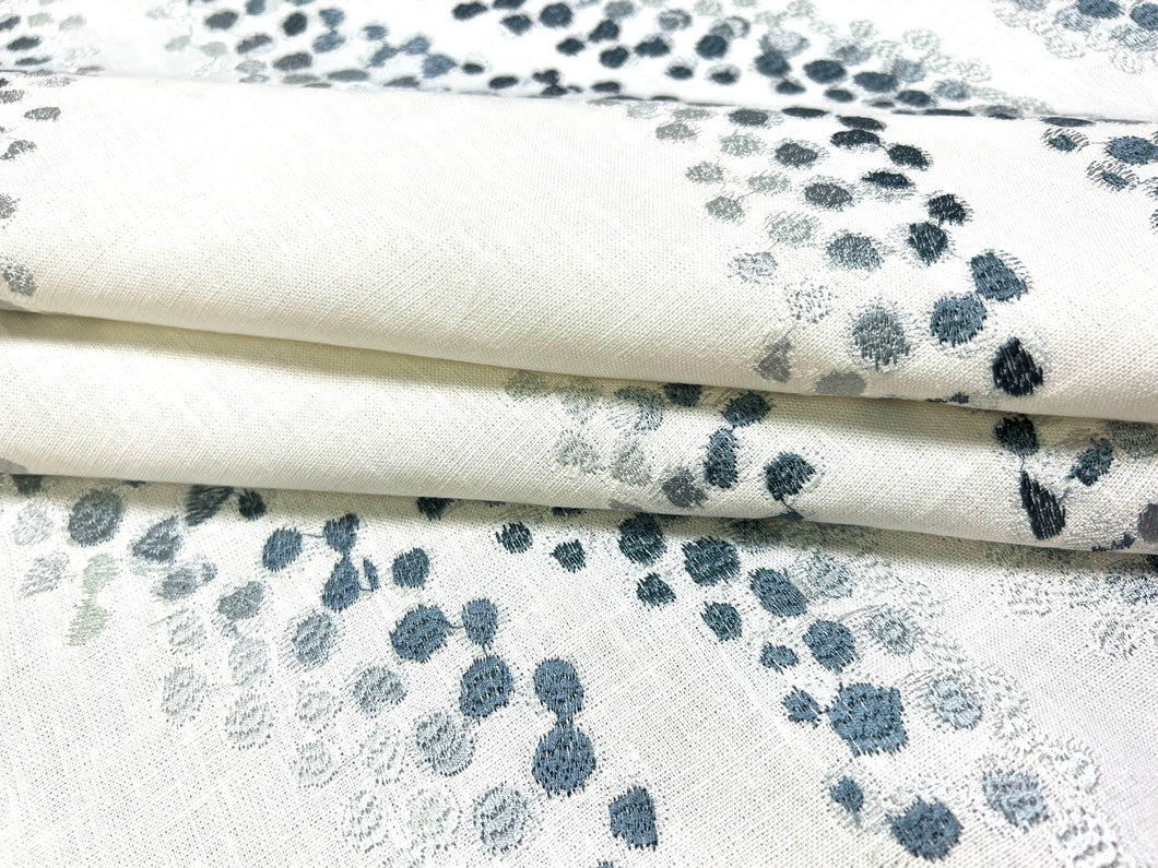 Cowtan & Tout Aventura Cream Aqua Navy Blue Embroidered Abstract Linen Drapery Fabric