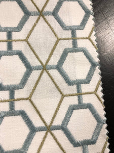 Polk Embroidered Aqua Sage Green White Drapery Upholstery Fabric / Summer
