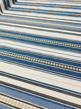Load image into Gallery viewer, Designer Cotton Off White Grey Blue Embroidered Nautical Stripe Upholstery Drapery Fabric STA 3433
