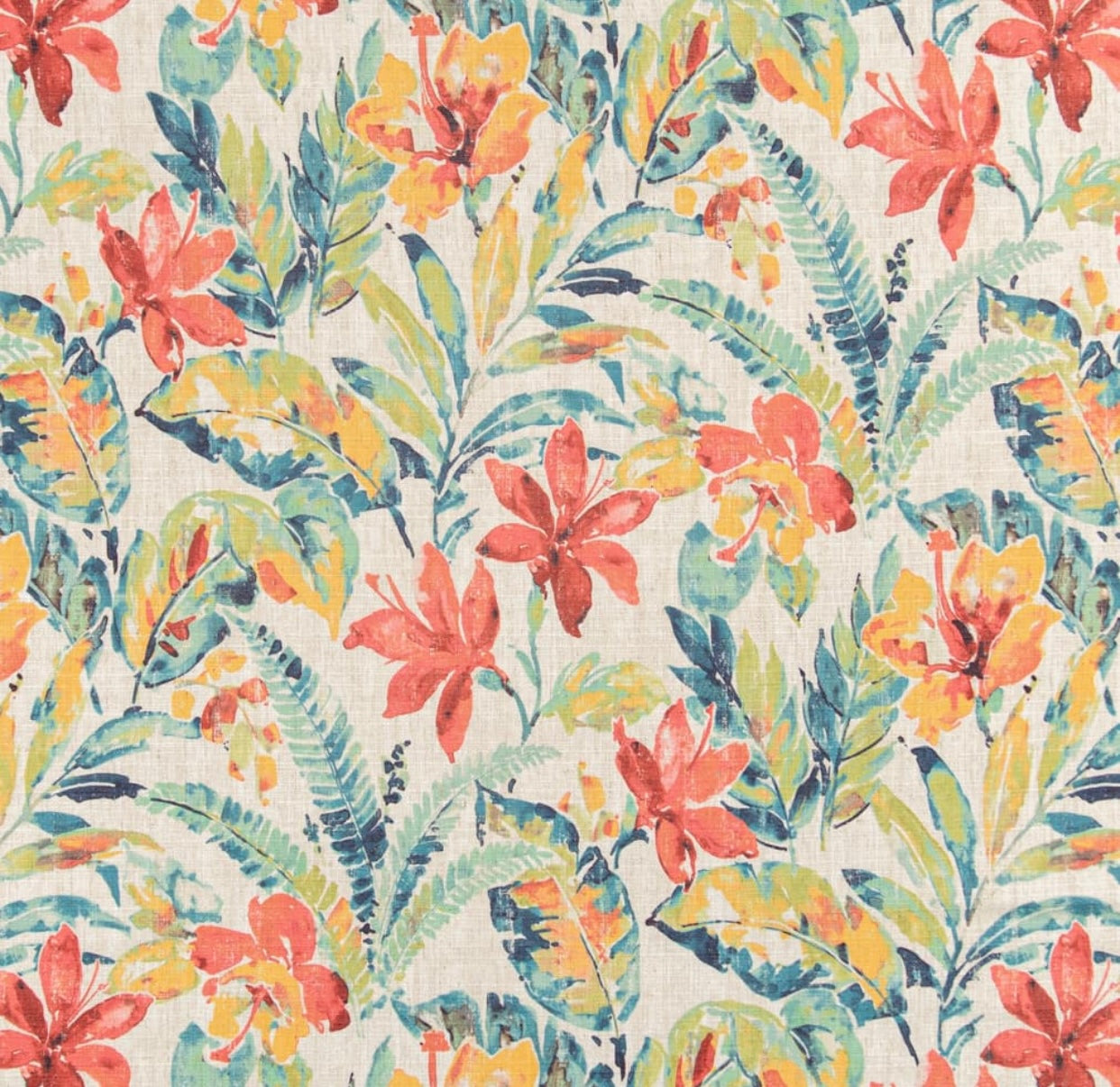 Orange Blue Floral Upholstery Fabric - Modern Floral store Drapery Fabric - Coral Stain Resistant Fabric - Aqua Orange Curtain Fabric - SP 163