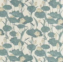 Load image into Gallery viewer, Stain Resistant Beige Teal Blue Lotus Floral Upholstery Drapery Fabric CF