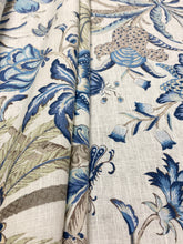 Load image into Gallery viewer, La Belle Cream Green Blue Floral Tropical Palm Tree Rayon Linen Water &amp; Stain Resistant Drapery Fabric/ Porcelain STA 3883
