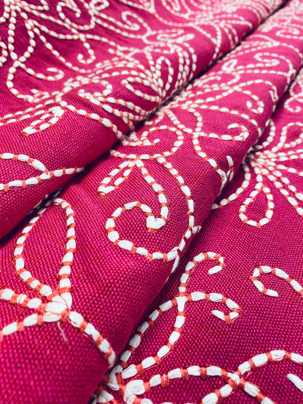 Designer Hot Pink White Embroidered Floral Linen Drapery Fabric STA 3149