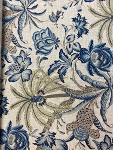 La Belle Cream Green Blue Floral Tropical Palm Tree Rayon Linen Water & Stain Resistant Drapery Fabric/ Porcelain STA 3883