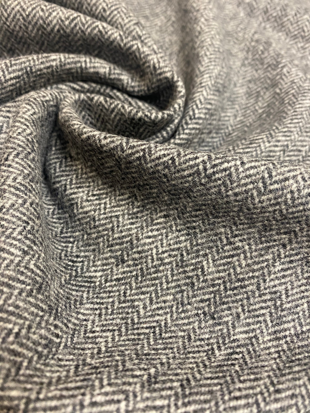 Designer Wool Water & Stain Resistant MCM Mid Century Modern Herringbone Charcoal Grey Upholstery Fabric WHS 3911