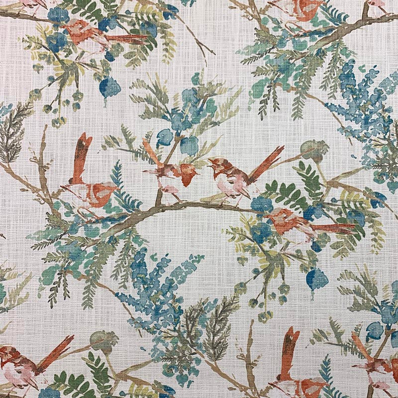 Cotton Ivory Red Green Teal Orange Botanical Bird Print Upholstery Drapery Fabric MGF