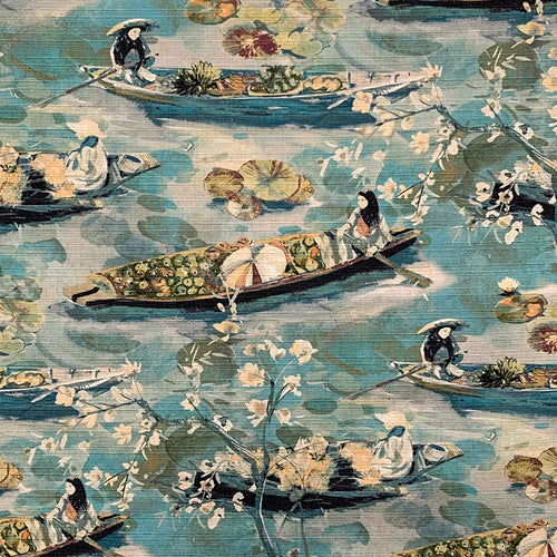 Teal Blue Olive Green Yellow Asian Chinoiserie Linen Blend Upholstery Drapery Fabric MGF