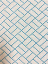 Load image into Gallery viewer, Designer Aqua Blue White Trellis Geometric Indoor Outdoor Water &amp; Stain Resistant Upholstery Drapery Fabric WHS 3978