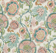 Load image into Gallery viewer, Cream Teal Green Mustard Coral Jacobean Floral Upholstery Drapery Fabric