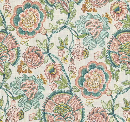 Cream Teal Green Mustard Coral Jacobean Floral Upholstery Drapery Fabric
