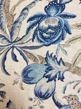 Load image into Gallery viewer, La Belle Cream Green Blue Floral Tropical Palm Tree Rayon Linen Water &amp; Stain Resistant Drapery Fabric/ Porcelain STA 3883