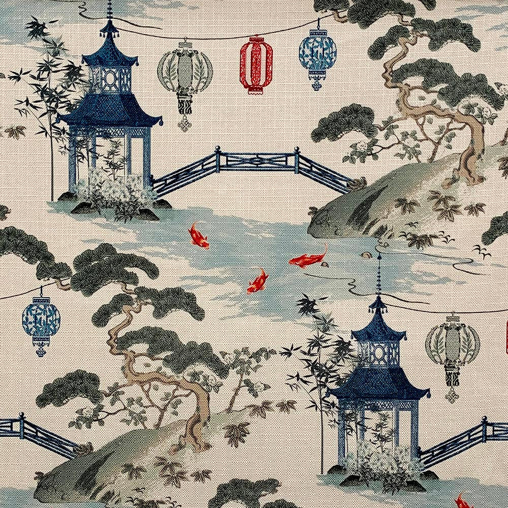 Beige Navy Blue Green Red Asian Chinoiserie Scenic Toile Upholstery Drapery Fabric MGF