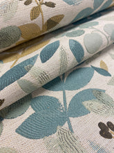 Load image into Gallery viewer, 1.6 Yard Teal Beige Olive Floral Botanical Water &amp; Stain Resistant Upholstery Fabric WHS 3758