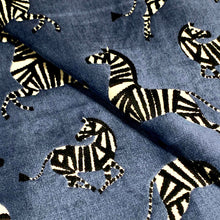 Load image into Gallery viewer, French Blue Black Cream Zebra Animal Cut Velvet Upholstery Fabric MGF