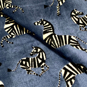 French Blue Black Cream Zebra Animal Cut Velvet Upholstery Fabric MGF