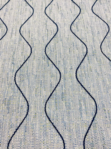 1.25 Yard Designer Navy Blue Teal Green Cream MCM Mid Century Modern Tweed Embroidered Water Resistant Upholstery Drapery Fabric WHS 3450
