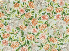 Load image into Gallery viewer, Linen Rayon Aqua Blue Green Rusty Red Orange Ivory Floral Chinoiserie Upholstery Drapery Fabric